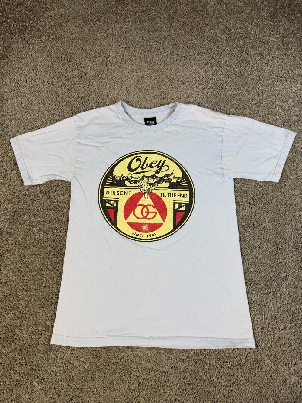 OBEY Shirt Mens S Blue Dissent Graphic Crew Neck Cotton Tagless Relaxed Fit